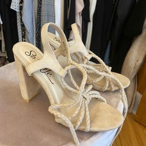 Lulu’s Nude Suede Lace Up Heels